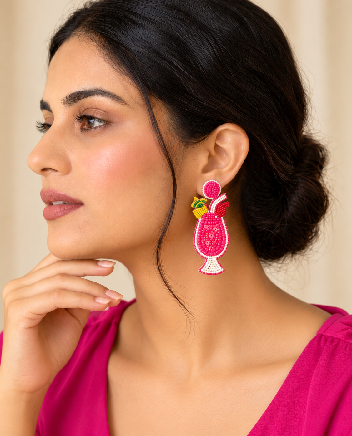 Pink Tropical Cocktail Beaded Statement Earrings